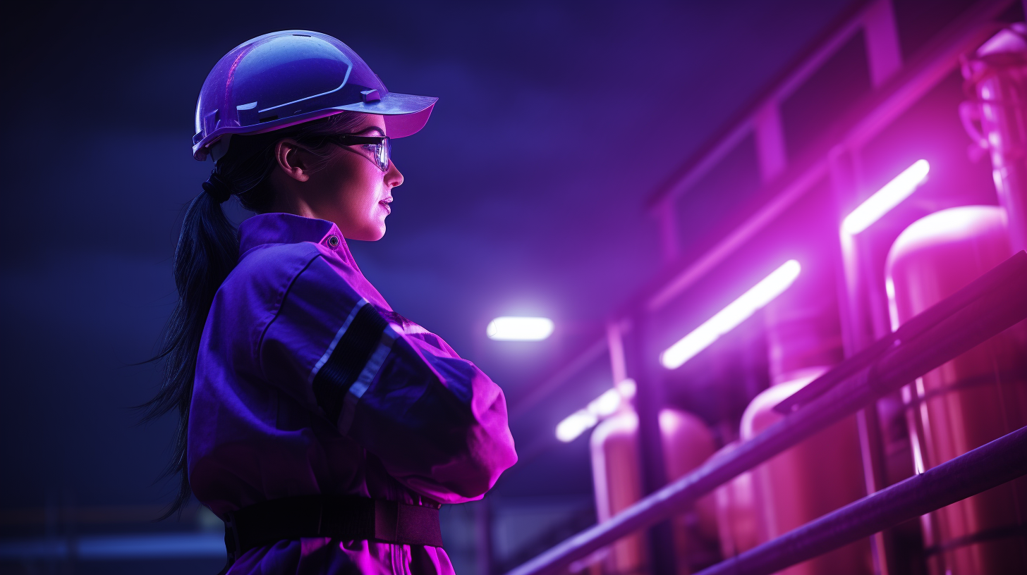 Woman wearing half-face air purifying respirator with protective eye safety equipment in industrial facility