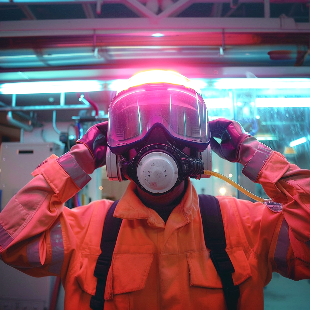 Woman wearing half-face air purifying respirator with protective eye safety equipment in industrial setting